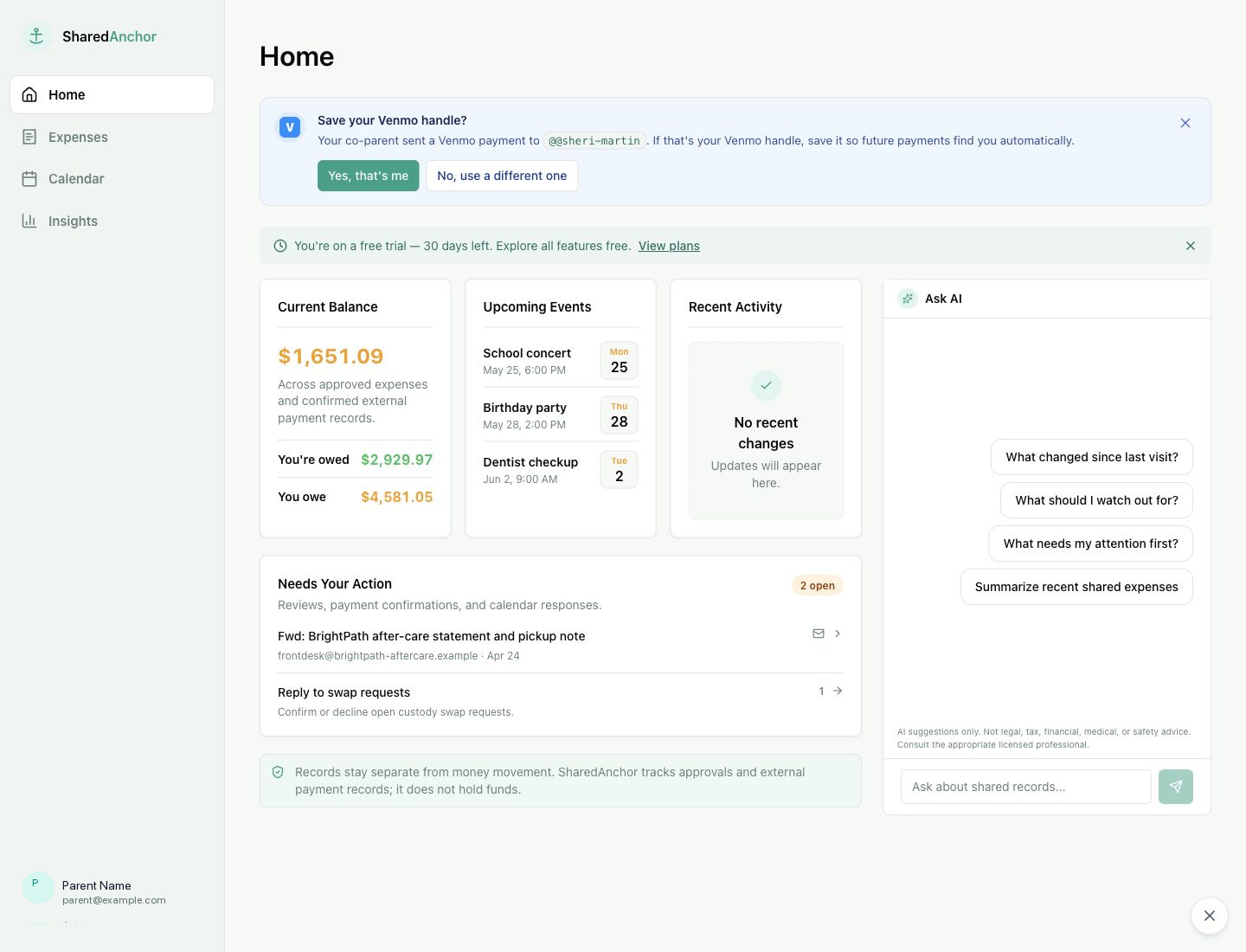 SharedAnchor home dashboard with shared records and the Ask SharedAnchor AI sidekick