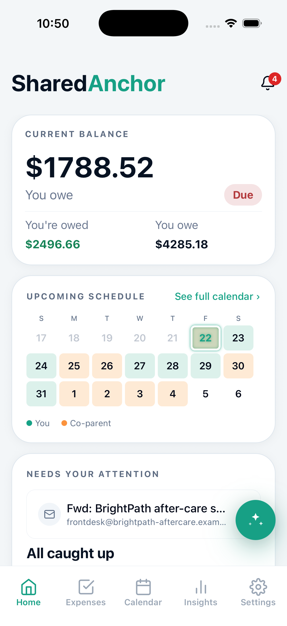 SharedAnchor iPhone home screen with seeded balance, calendar, and needs-attention data
